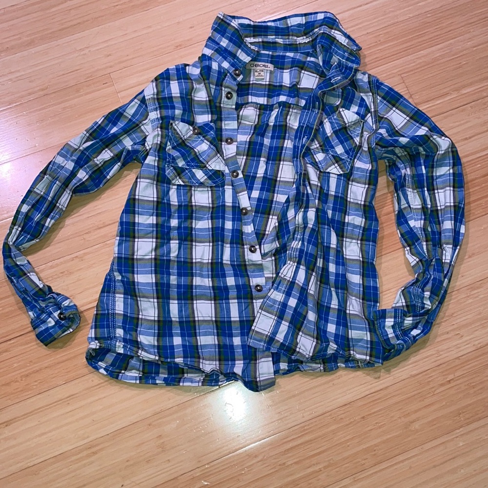 Like new blue plaid button down kid’s shirt